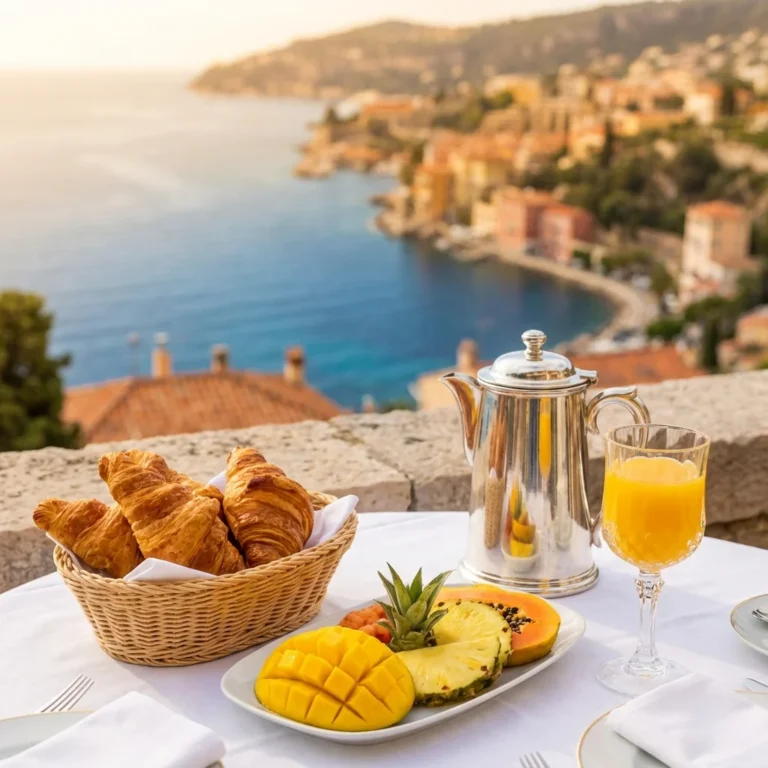 Luxury hotel breakfast spread on a balcony with ocean view featuring croissants, fruit, and coffee