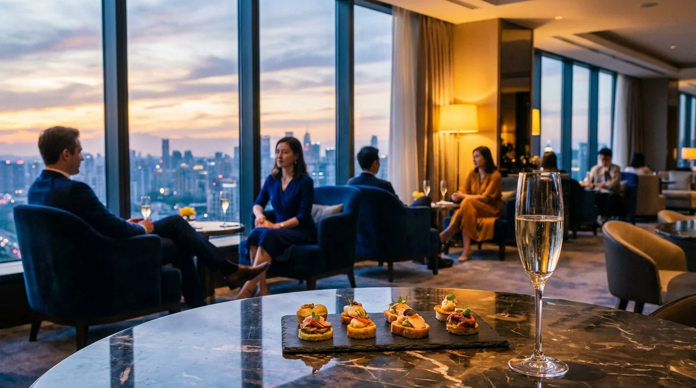 InterContinental Club Lounge interior with evening drinks and city view