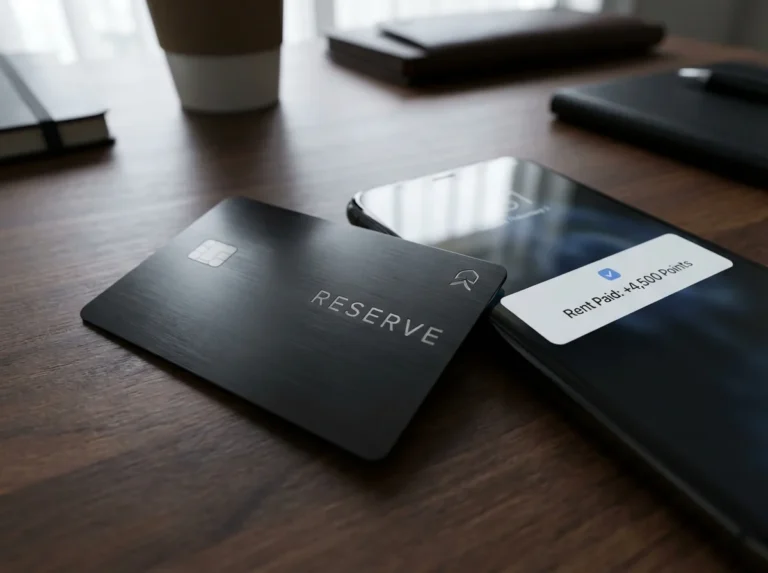 Bilt Rewards premium metal credit card on a desk next to a phone showing rent payment points notification.