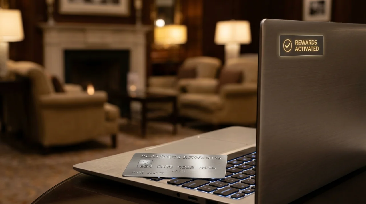Laptop screen showing rewards activation with a premium credit card
