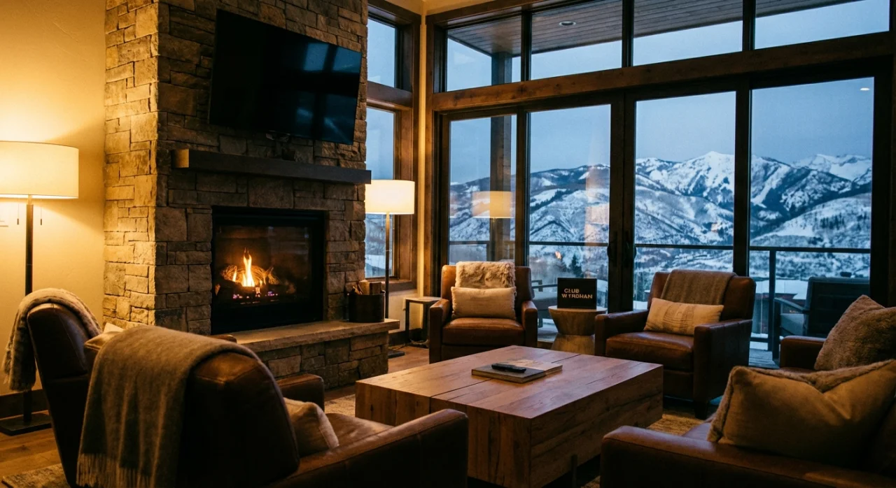 Luxury Club Wyndham ski condo interior with fireplace and mountain view