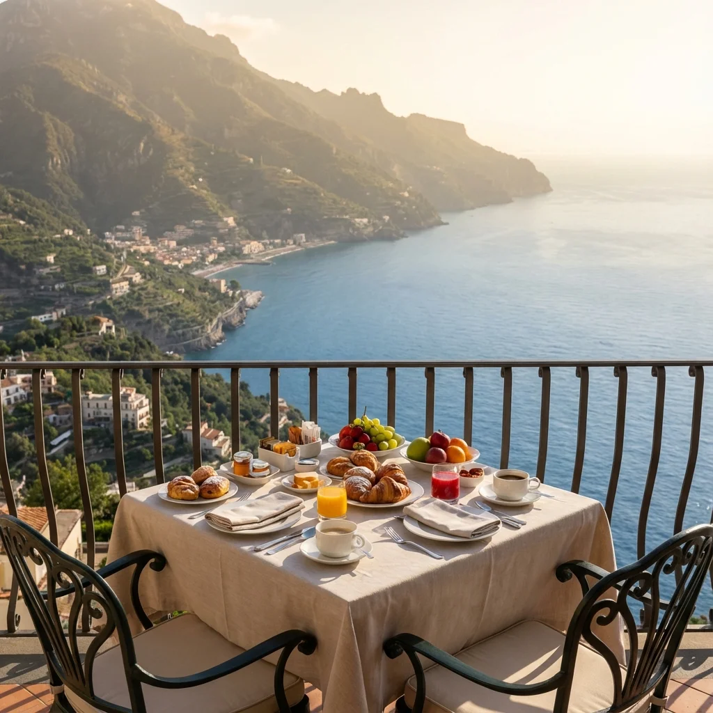 Luxury hotel breakfast spread on a balcony overlooking the ocean