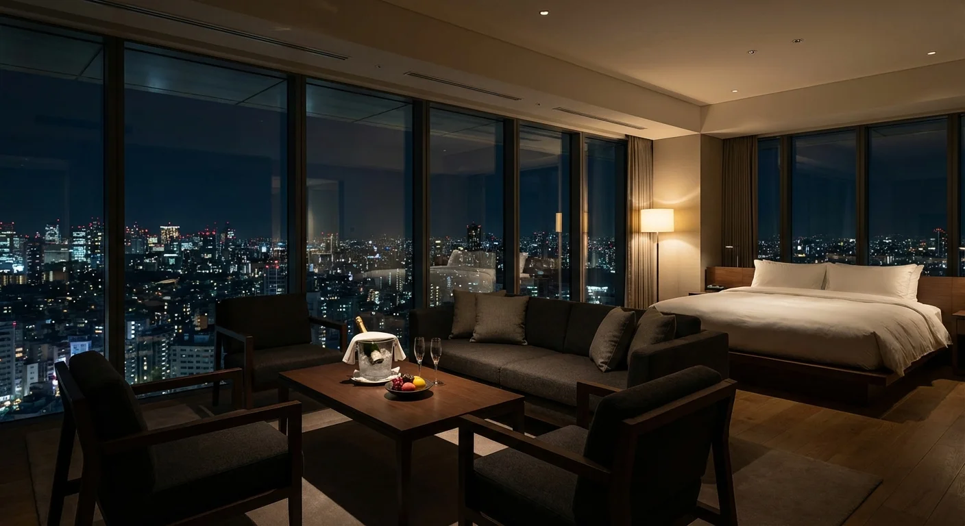 Luxury hotel suite interior at night with city skyline view and champagne