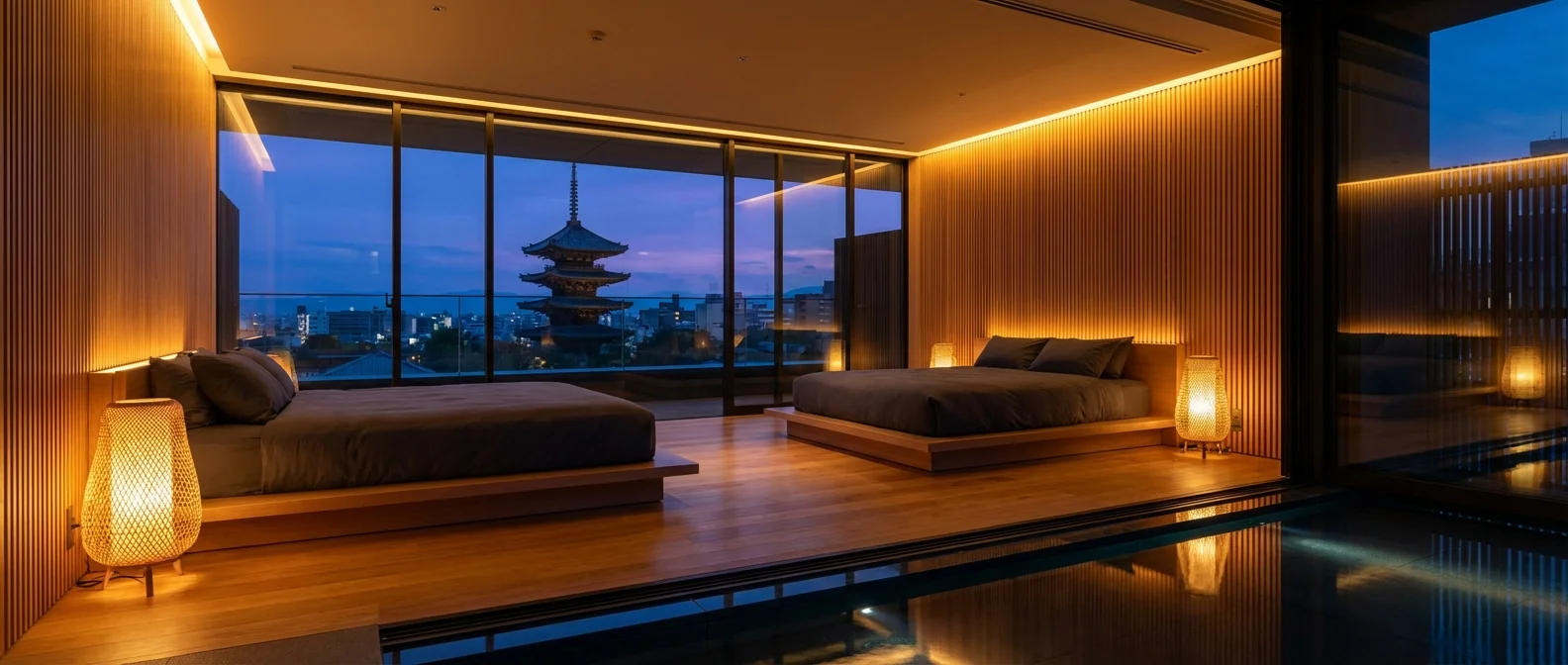Luxury hotel suite interior overlooking Kyoto skyline at twilight