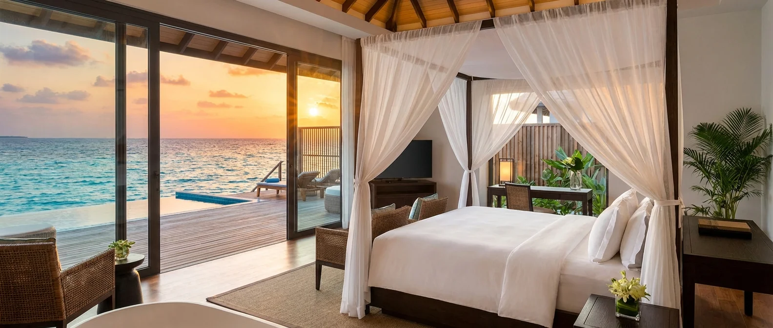 Luxury St. Regis overwater villa bedroom with sunset ocean view