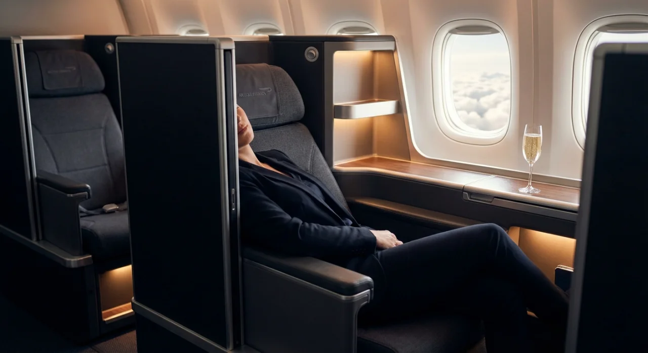Passenger relaxing in British Airways Club Suite business class with champagne and privacy door.