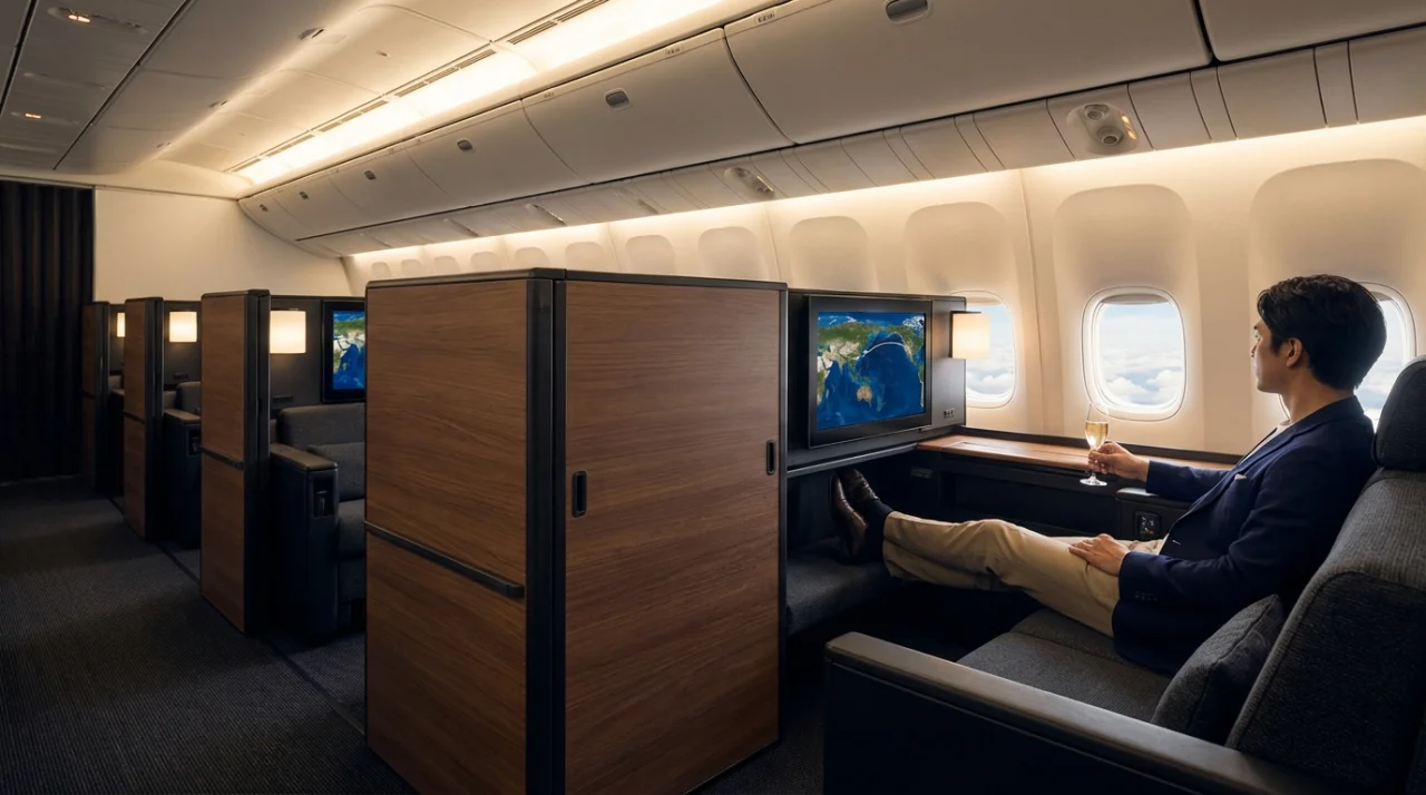 Virgin Atlantic A350 Upper Class Retreat Suite cabin interior with mood lighting and champagne