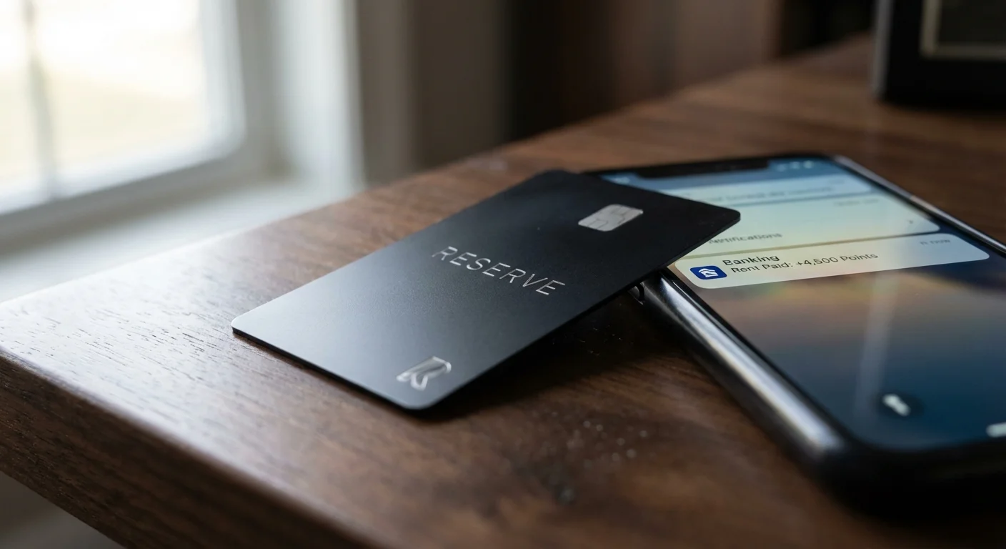 Premium metal credit card on a desk showing rent payment rewards on a phone screen