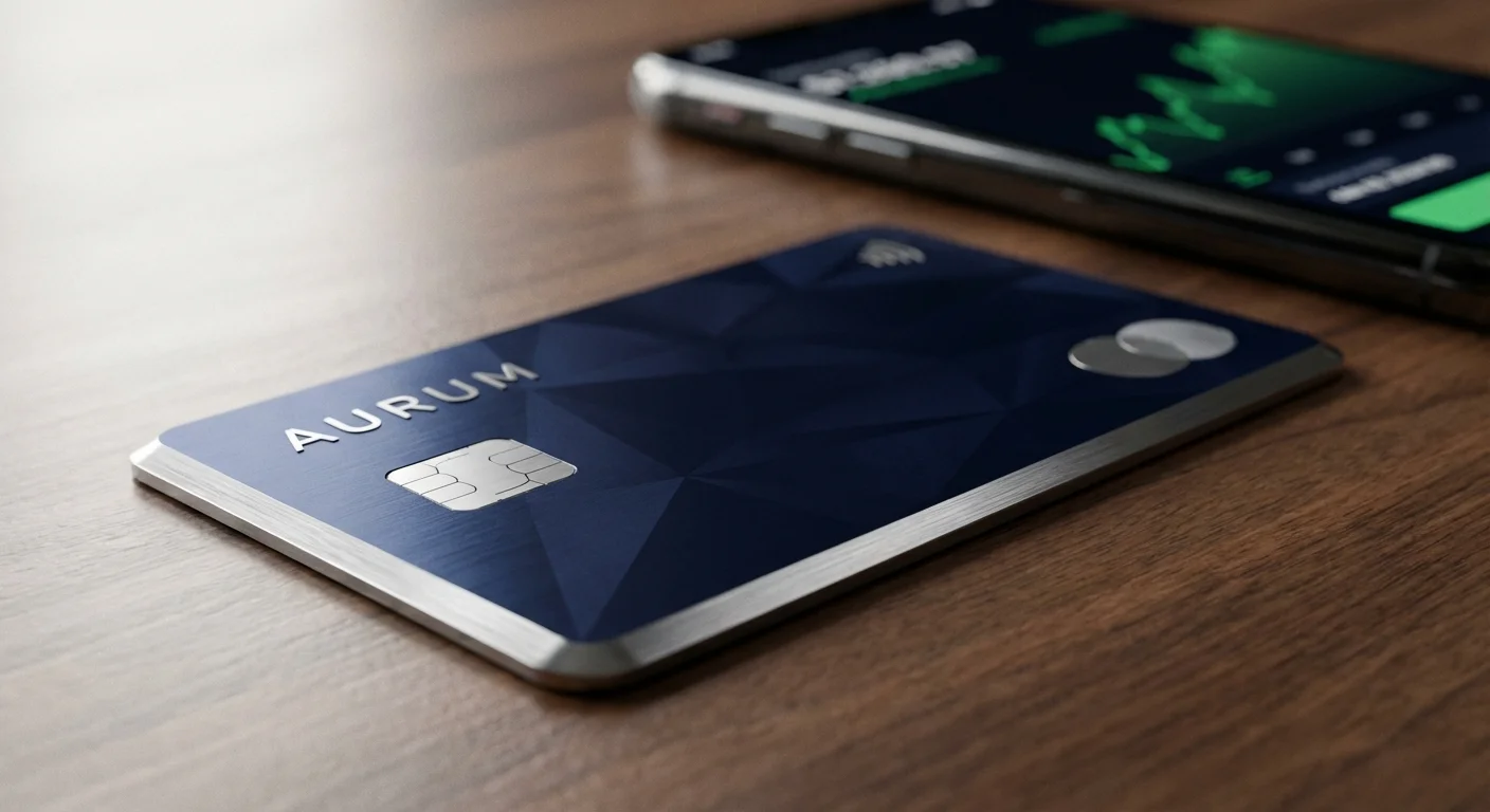 Premium metal credit card with navy blue finish resting on a desk
