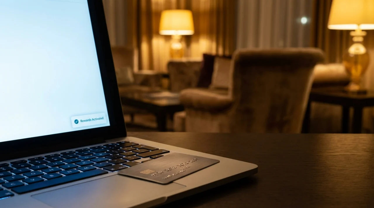 Traveler in airport lounge viewing shopping portal rewards confirmation on laptop with credit card in hand.