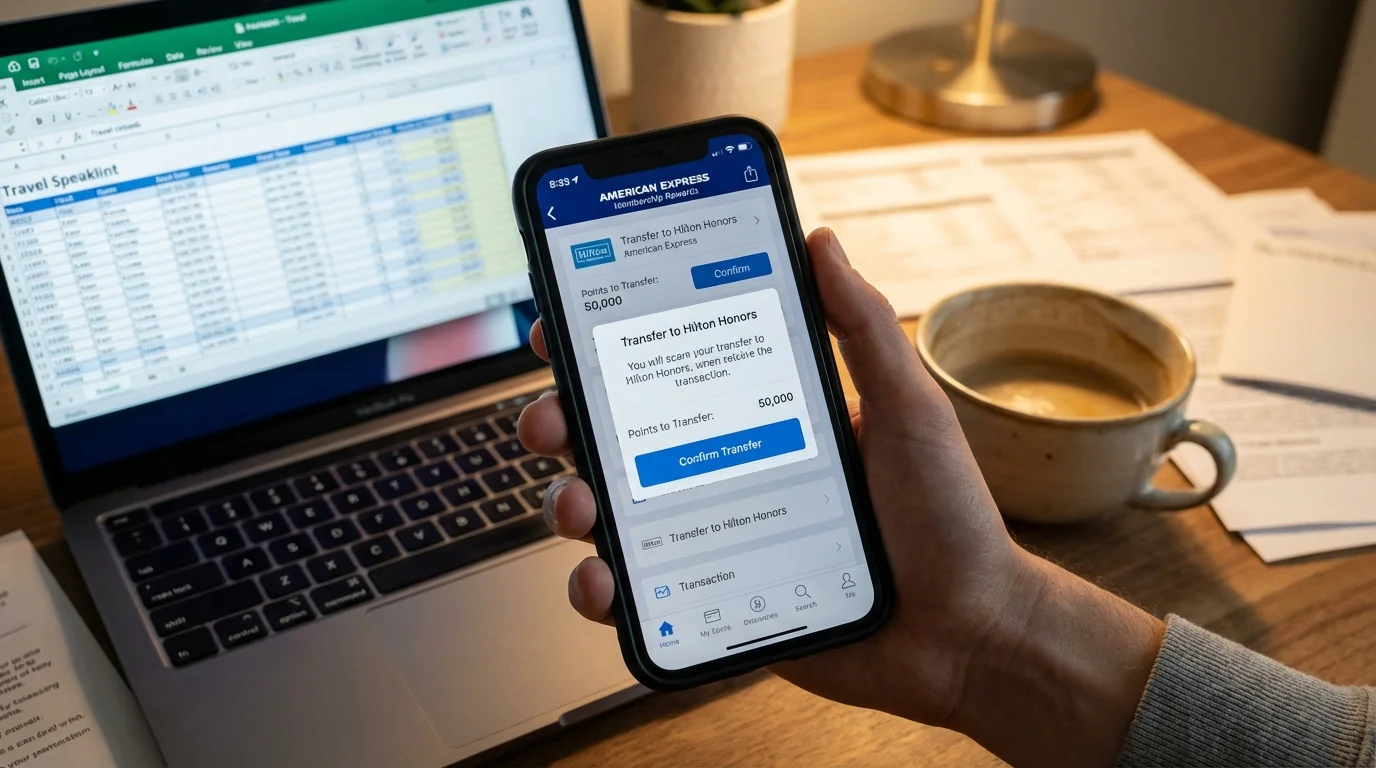 Smartphone displaying Amex to Hilton transfer interface