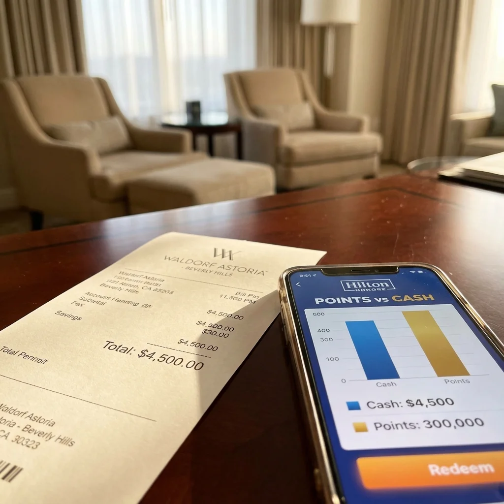 Smartphone displaying Hilton Honors points calculator on a desk next to a hotel bill