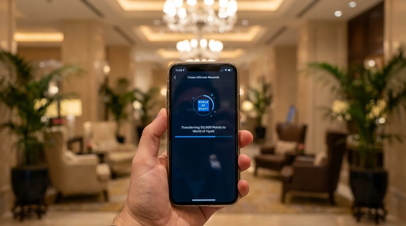 Smartphone showing Chase Ultimate Rewards transfer interface in a luxury hotel setting