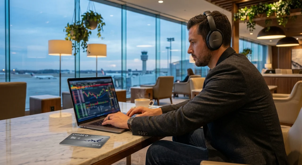 Startup founder reviewing business finances in a luxury airport lounge with a metal credit card