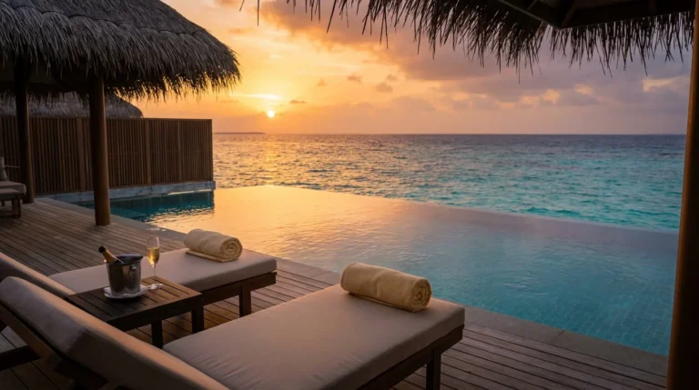 Waldorf Astoria Maldives overwater villa deck with infinity pool at sunset, representing a high-value Hilton Honors redemption.