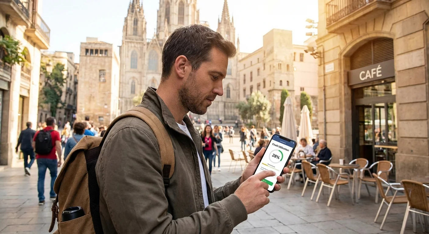 Traveler checking credit utilization on smartphone in airport lounge