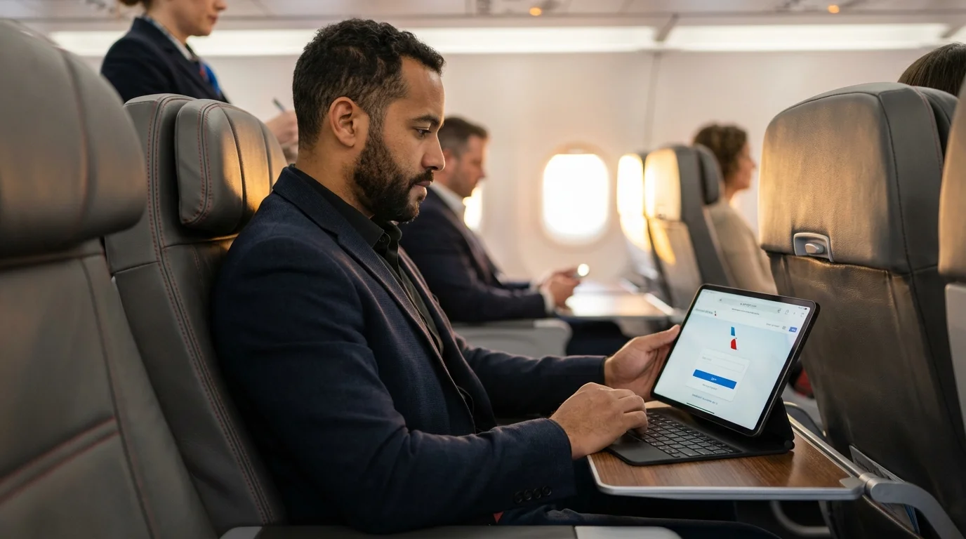 Traveler connecting to American Airlines free Wi-Fi on a tablet in First Class