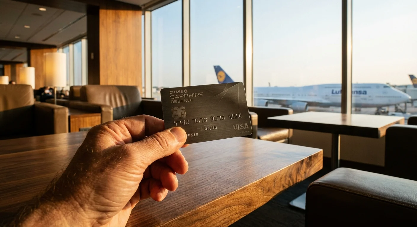 Traveler holding a Chase Sapphire Reserve card in a luxury airport lounge with a plane visible in the background