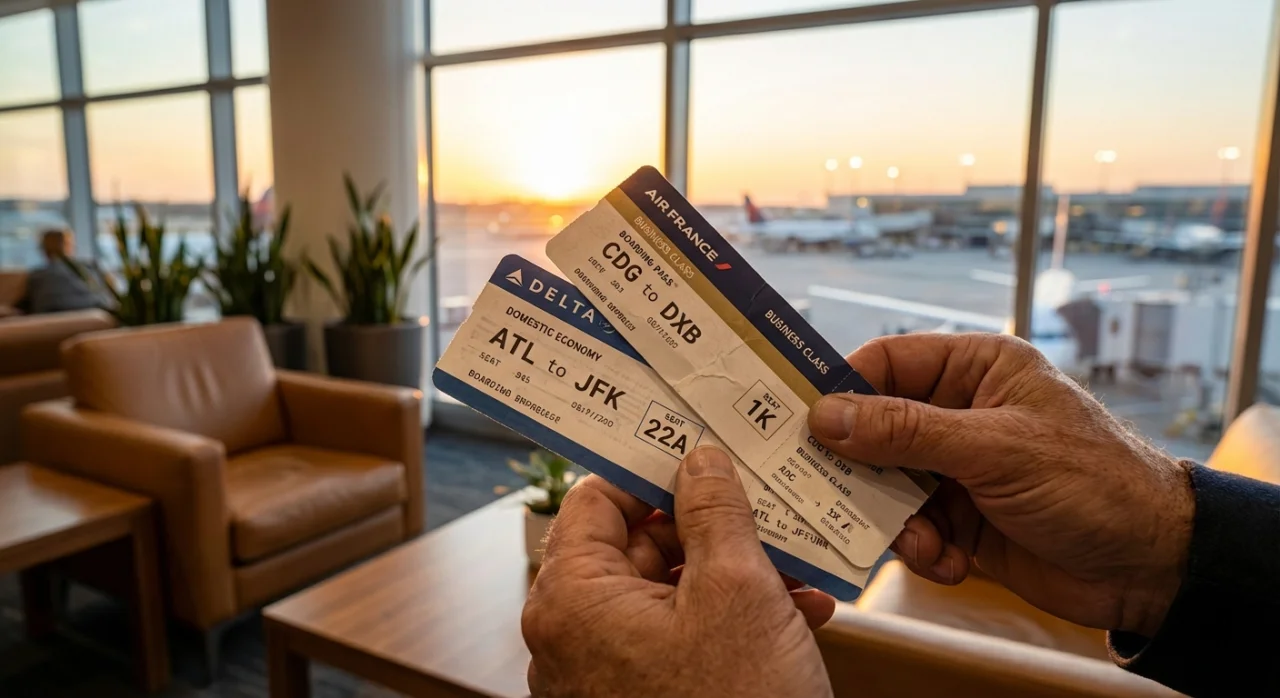 Traveler holding two separate boarding passes for a positioning flight strategy
