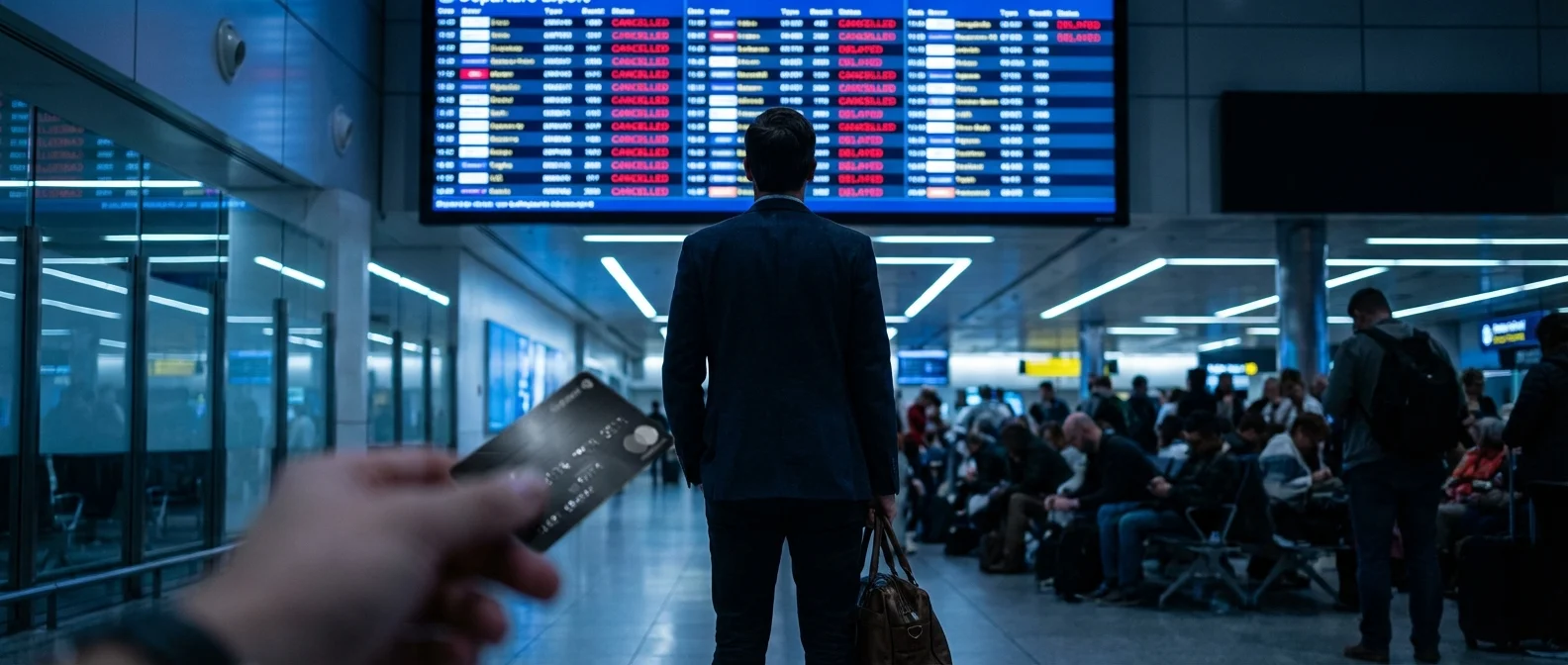 Traveler looking at cancelled flight board holding premium credit card