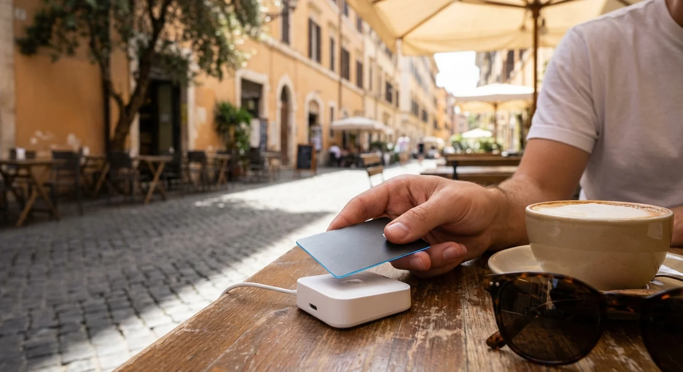 Traveler paying with a no-annual-fee credit card at a cafe in Rome
