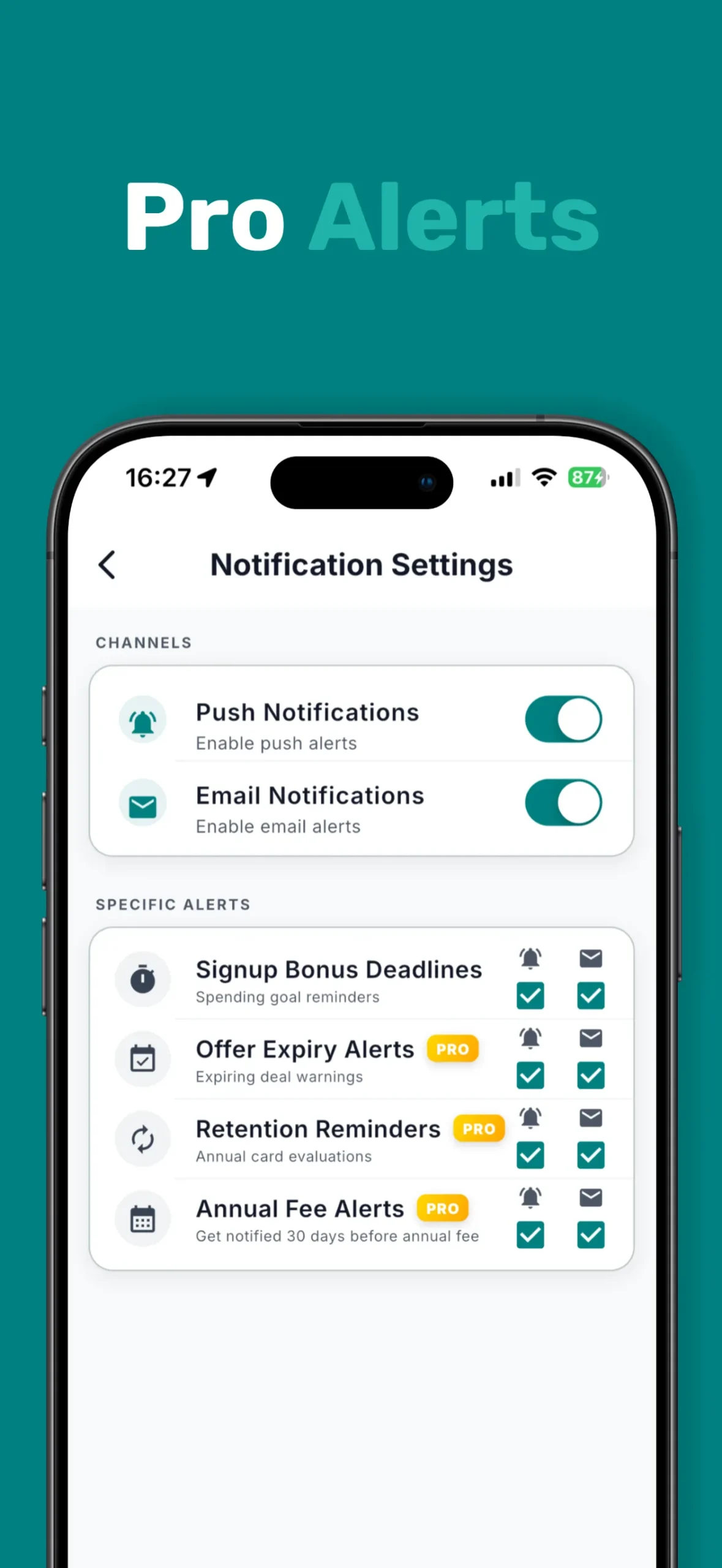 Pro Alerts Settings