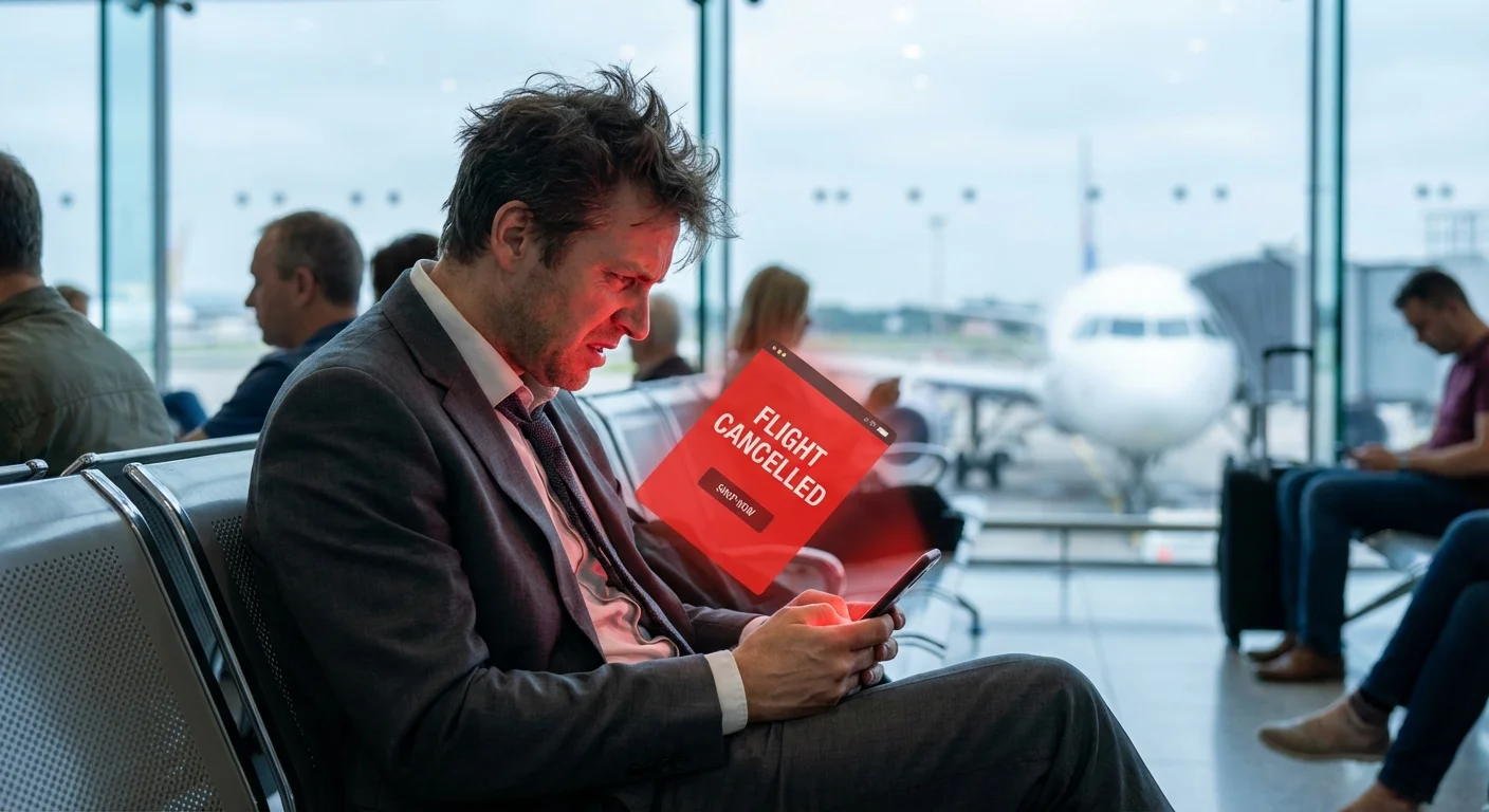 Business traveler at airport gate looking at account suspension notification on phone