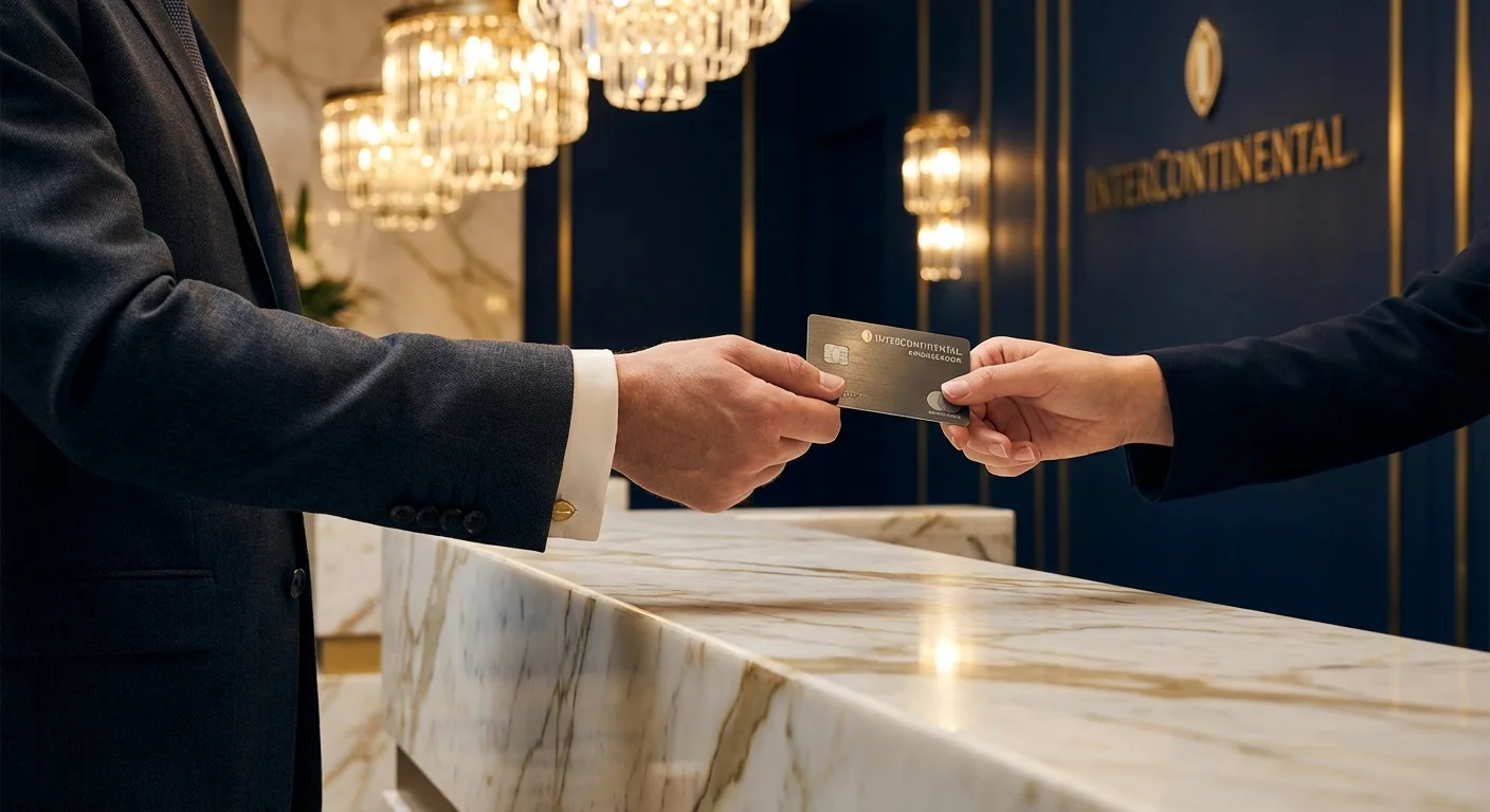 Business traveler checking into an InterContinental hotel using IHG Ambassador benefits