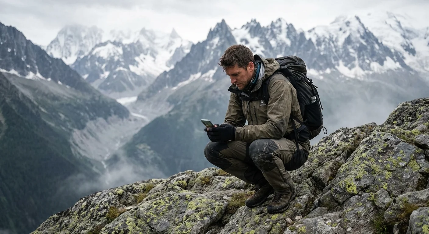 Hiker in the Swiss Alps checking phone signal to contact medical evacuation services