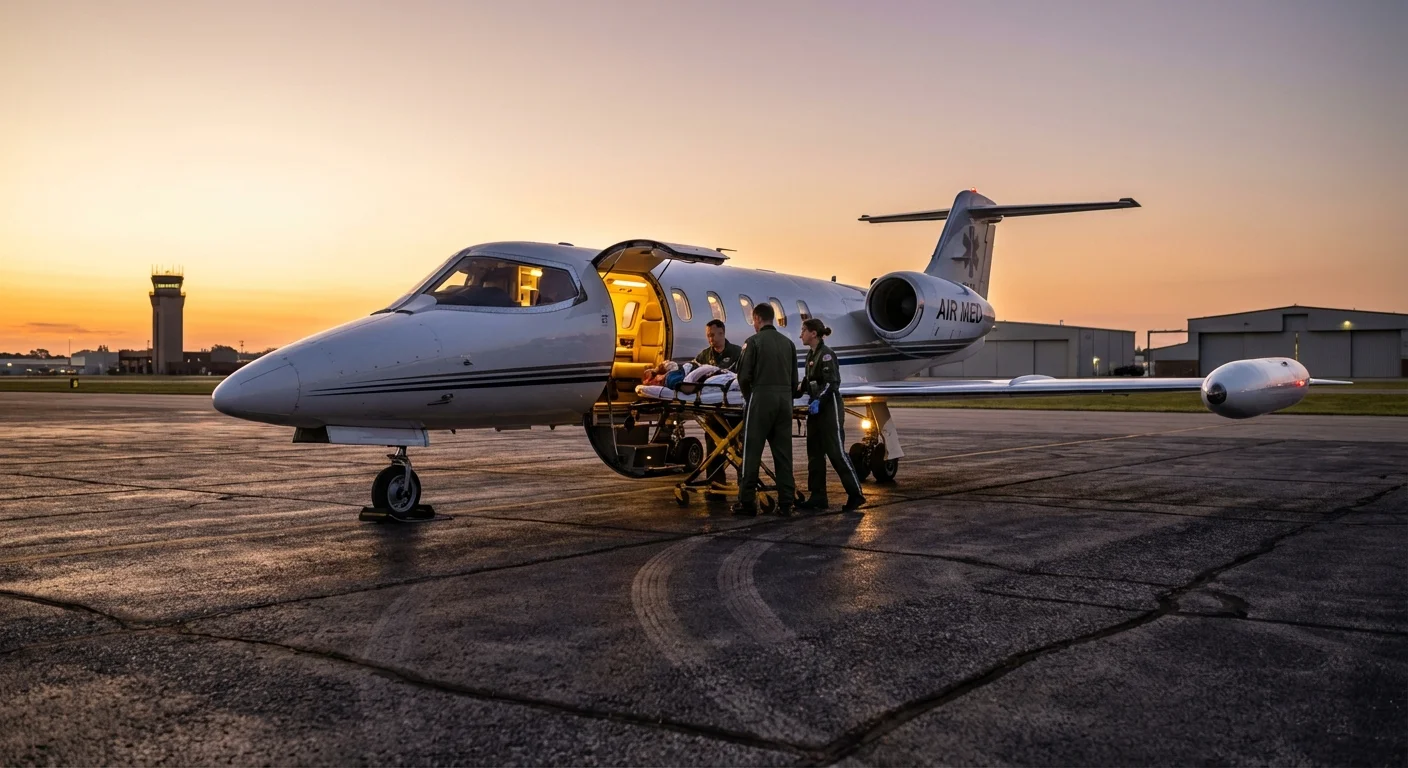 Learjet 35 air ambulance on runway preparing for medical evacuation