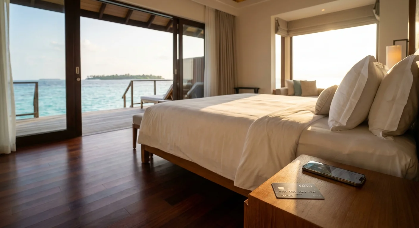 Luxury overwater bungalow bedroom representing a high-value Marriott redemption