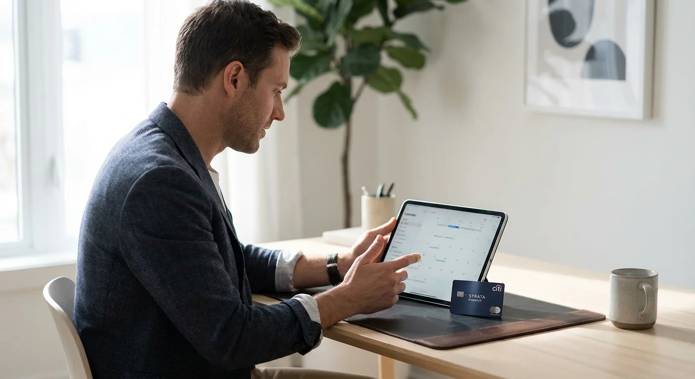 Traveler calculating Citi 48-month rule eligibility on a tablet next to a Citi Strata Premier credit card