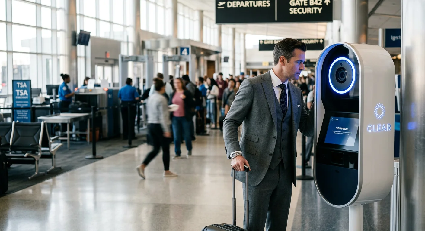 A business traveler using a white and silver biometric eye scanner with a blue LED ring at an airport security checkpoint.