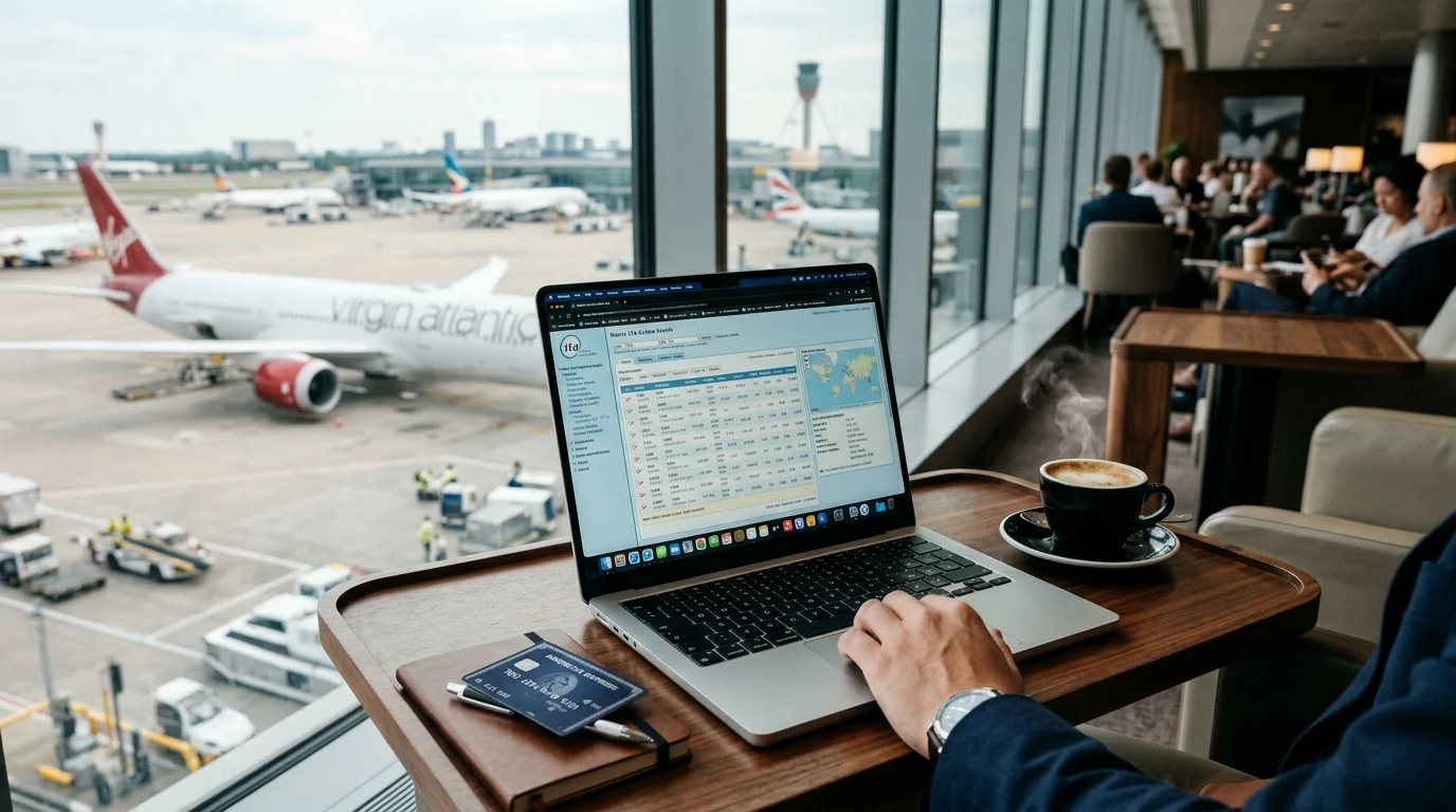 Laptop displaying ITA Matrix flight search data in a luxury airport lounge