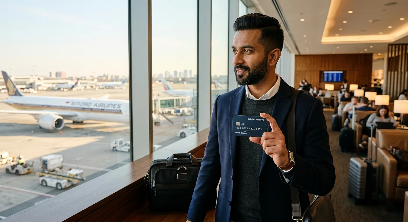 Traveler checking points valuation basics on a smartphone in a luxury airport lounge